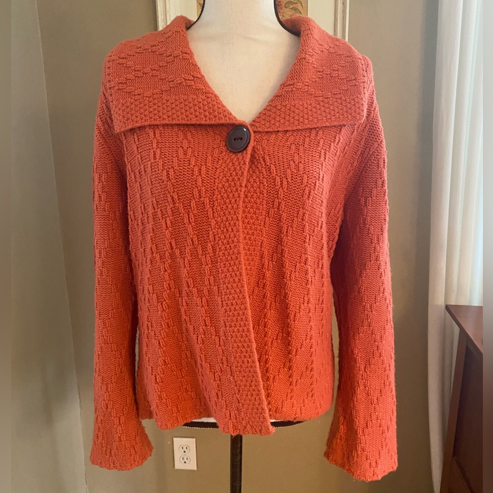 JM Collection Women’s Sweater Orange Cardigan Chevron Cape Collar Bell Sleeves L